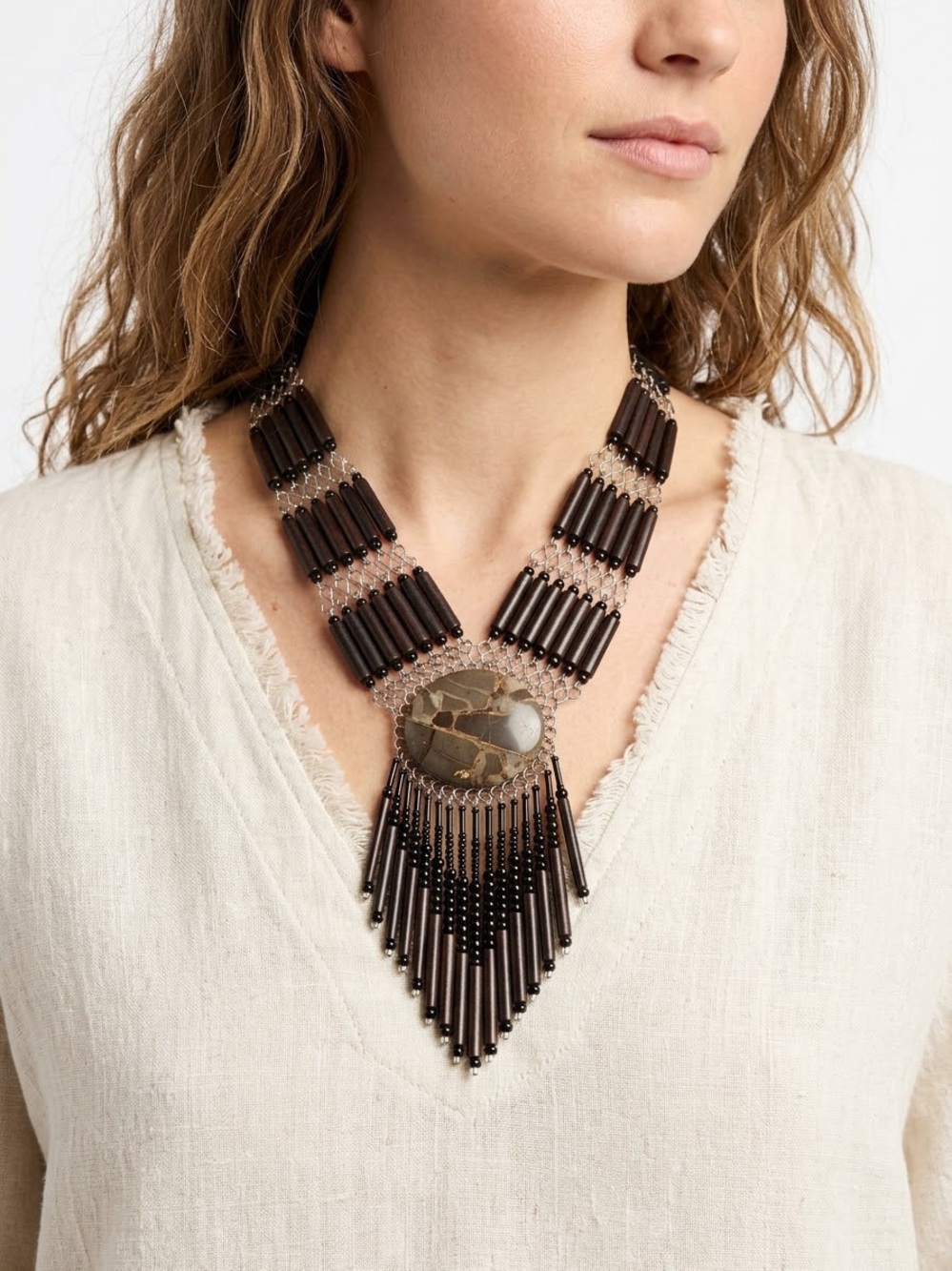 Vintage Boho Wooden Beaded Quartz Cabochon Fringe Necklace Southwestern Earthy